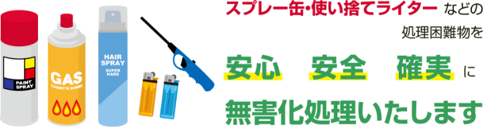 スプレー缶・使い捨てライターなどの処理困難物を安心・安全・確実に無害化処理いたします